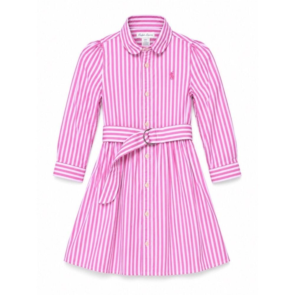 Ralph Lauren Shirt Dress 24M Pink Stripe Cotton Belted Button Front Preppy
